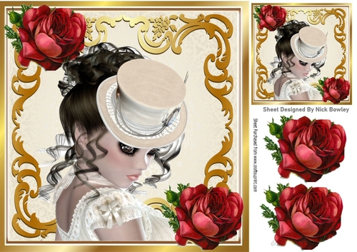Pretty vintage lady in gold scroll with red roses 8x8