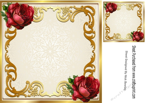 Pretty vintage gold scroll with red roses 8x8 card front/insert