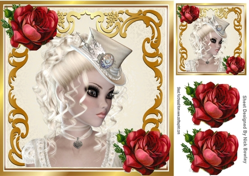 Pretty vintage blond lady in gold scroll with red roses 8x8