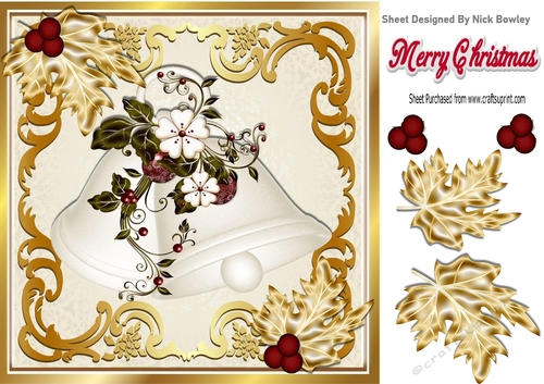 Pretty ornate white christmas bells/gold scroll frame 8x8