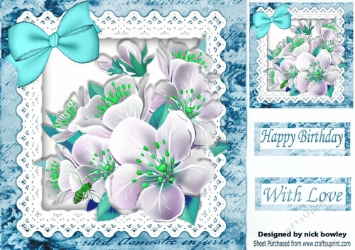 turq flowers and lace with bow 8x8