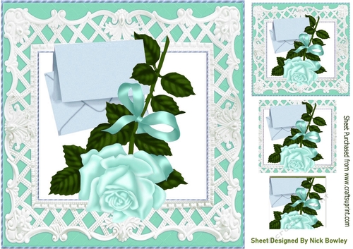 pretty turq rose with envelope in ornate frame 8x8
