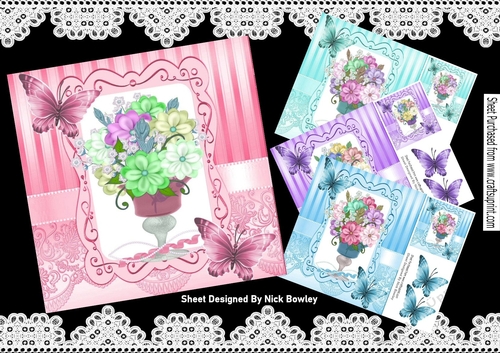  4 pretty vases of mixed flowers in ornate frames butterflies 8x8 mini kit