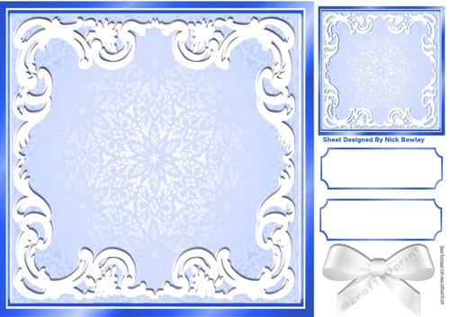 blue ornate frame with white scroll 8x8