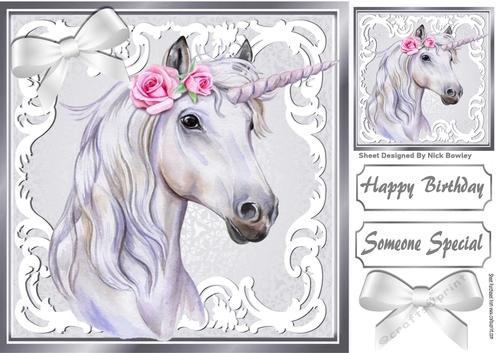 Beautiful White Unicorn in silver/white ornate frame 8x8