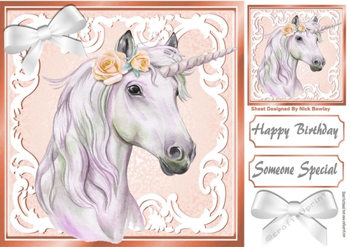 Beautiful White Unicorn in peach/white ornate frame 8x8