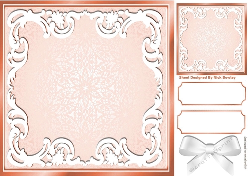 peach ornate frame with white scroll and bow 8x8