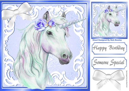 Beautiful White Unicorn in blue/white ornate frame 8x8