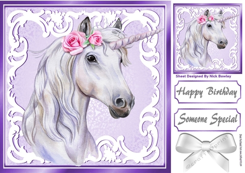 Beautiful White Unicorn in purple/white ornate frame 8x8