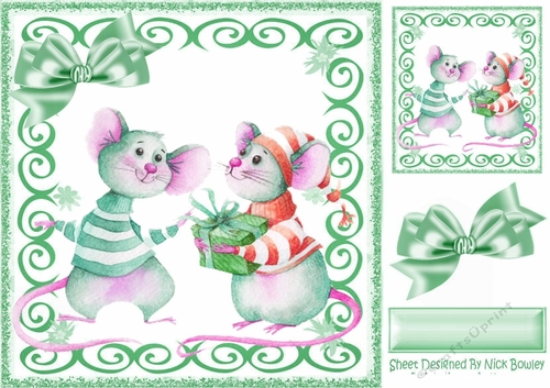 Cute christmas mice in green swirl 8x8 frame