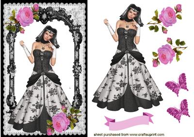 Pretty Lady in Black Lace Frame with Pink Roses