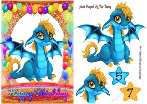 Cute blue Dragon in birthday balloon frame A5