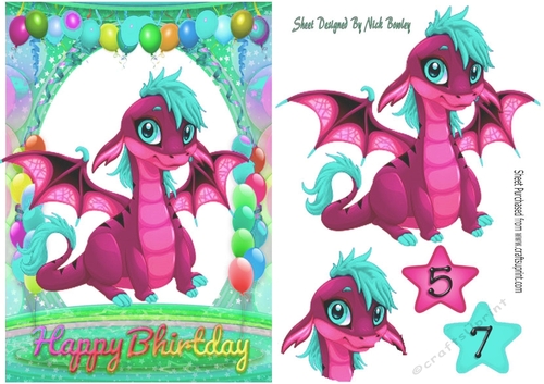 Cute pink Dragon in birthday balloon frame A5