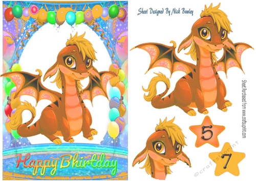 Cute orange Dragon in birthday balloon frame A5