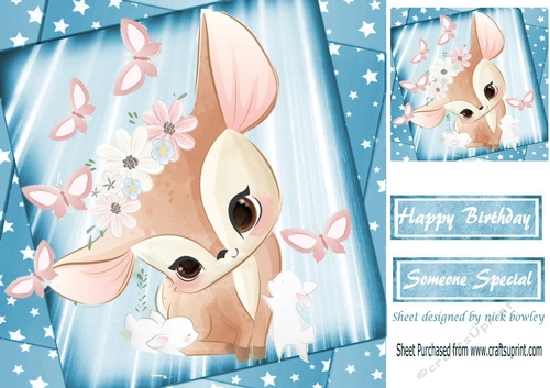 Cute little deer with bunnies and butterflies with blue stars 8x8