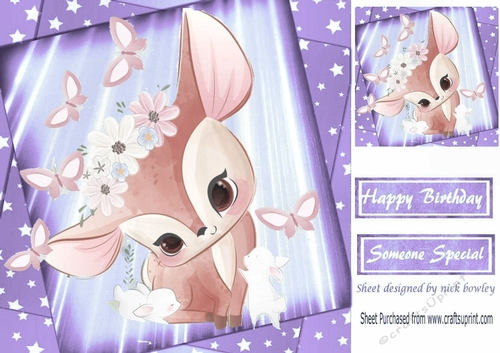 Cute little deer with bunnies and butterflies with lilac stars 8x8