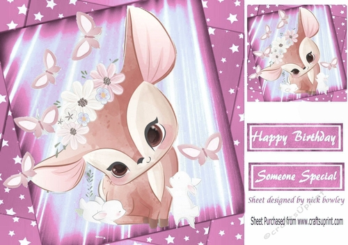 Cute little deer with bunnies and butterflies with pink stars 8x8