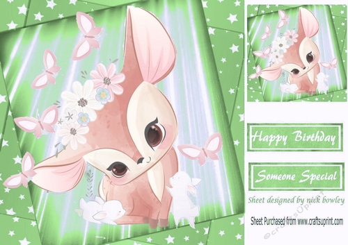 Cute little deer with bunnies and butterflies with green stars 8x8