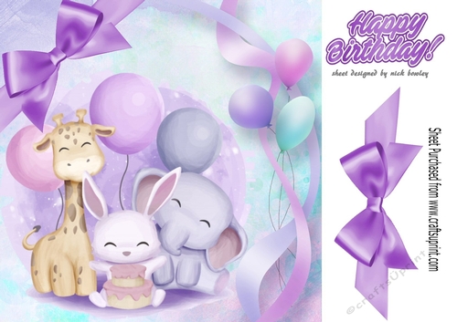Cute Birthday Friends with balloons and purple bow 8x8