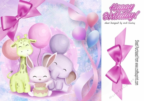 Cute Birthday Friends with balloons and pink bow 8x8
