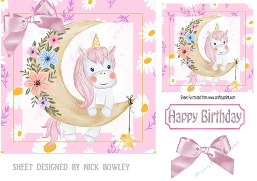 Cute little unicorn with moon and flowers, pink bow 7x7