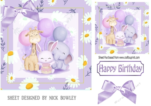 Pretty lilac/daisy card/front/ with animal friends & bow 7x7