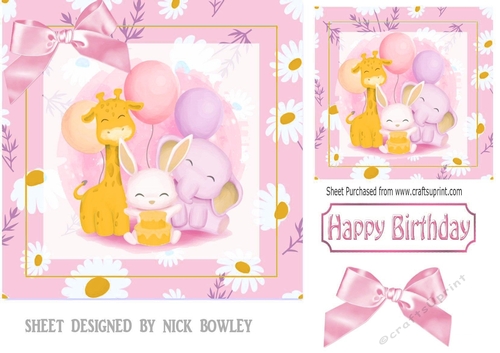 Pretty pink/daisy card/front/ with animal friends & bow 7x7