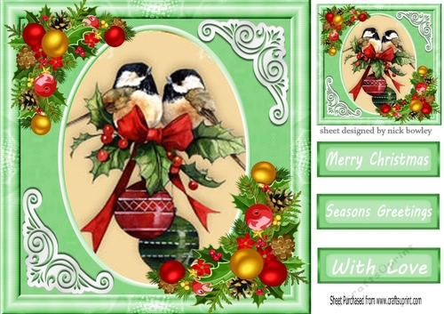 Lovely vintage robins with holly and baubles 8x8