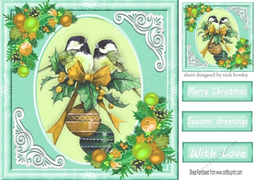 Lovely vintage robins with holly and baubles (turq) 8x8