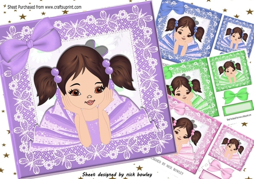 4 Cute little ballerinas with brown hair (pigtails) card fronts 7x7 mini kit