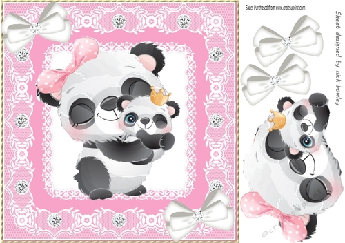 Cute  panda with baby in pink lace 8x8 frame