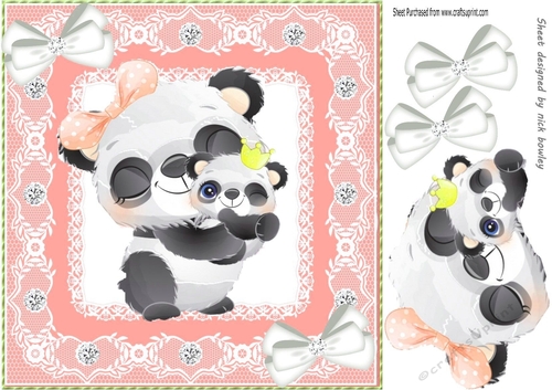 Cute  panda with baby in peach lace 8x8 frame