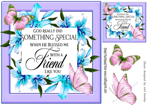 Blessed friend verse! in pretty turq/purple lily frame with butterflies 8x8