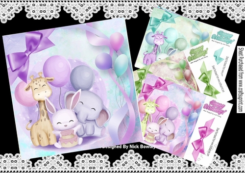  4 Cute Birthday Friends with balloons and bows card fronts 8x8 mini kit
