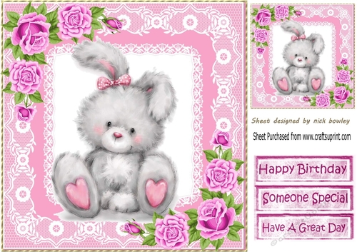 Cute grey bunny with pink roses and lace 8x8