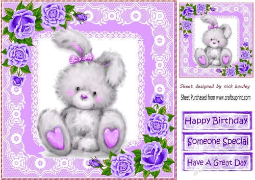 Cute grey bunny with purple roses and lace 8x8