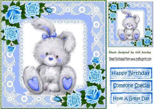 Cute grey bunny with blue  roses and lace 8x8