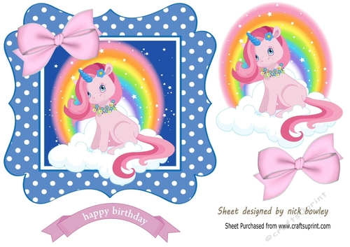 unicorn in pretty rainbow and clouds with pink bow 7x7
