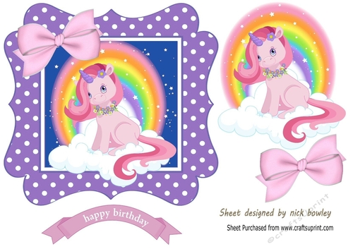 unicorn in pretty rainbow and bow purple polkadot frame 7x7