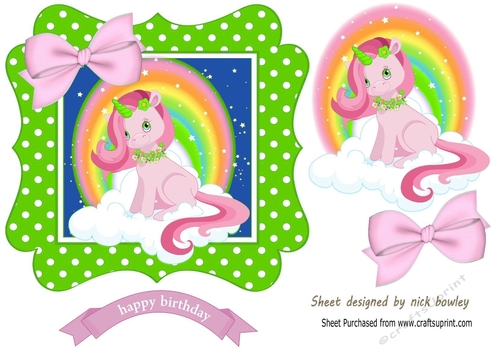 unicorn in pretty rainbow and bow lime polkadot frame 7x7