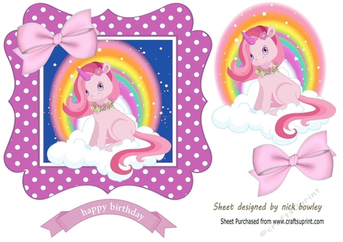 unicorn in pretty rainbow and bow pink polkadot frame 7x7