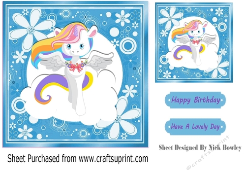 Rainbow unicorn in blue floral 7x7 frame
