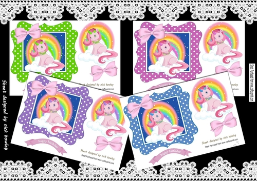  4 unicorns in rainbow and bows card fronts frame 7x7