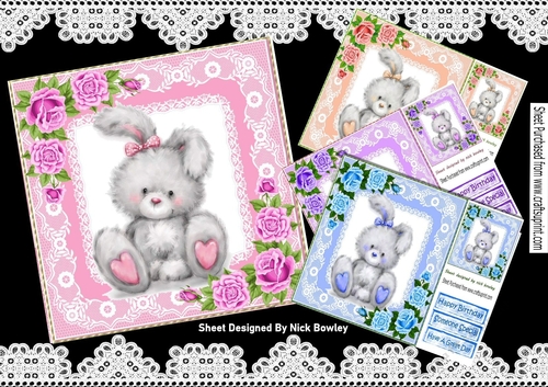  4 grey bunnies with roses and lace card fronts 8x8 mini kit