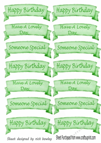 Green watercolour banners Birthday sentiment cut outs