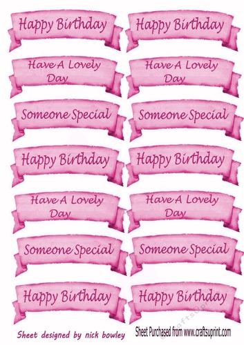 pink watercolour banners Birthday sentiment cut outs