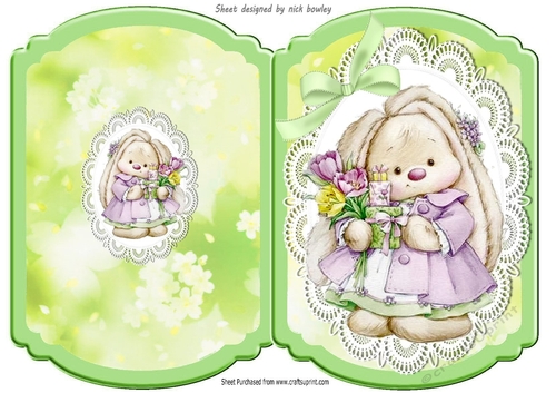Cute bunny with flowers and green bow lace bracket card