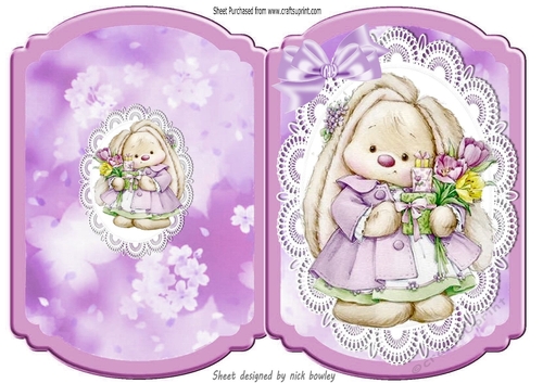 Cute bunny with flowers and lilac bow lace bracket card