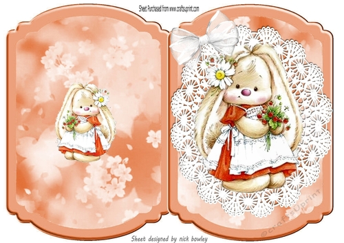 Cute bunny with flowers and white bow lace peach bracket card