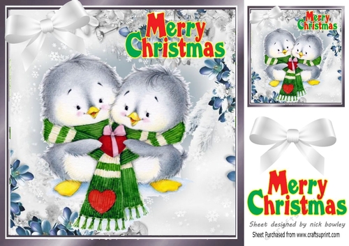 Cute love birds in the snow with white bow 8x8
